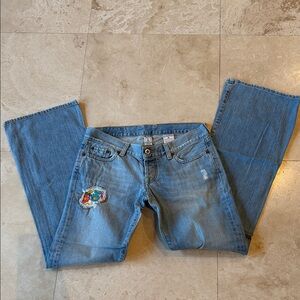 VTG Lucky Brand Light Blue Women's Button Fly Boot Cut Jeans with Patchwork